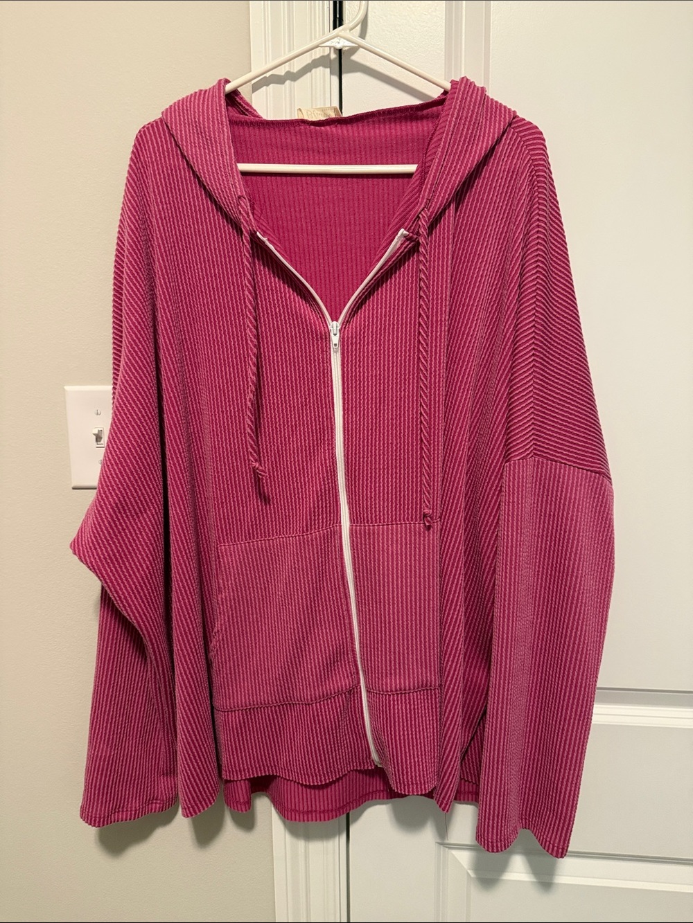Ribbed Hooded Zip Poncho Sweater in Bright Pink